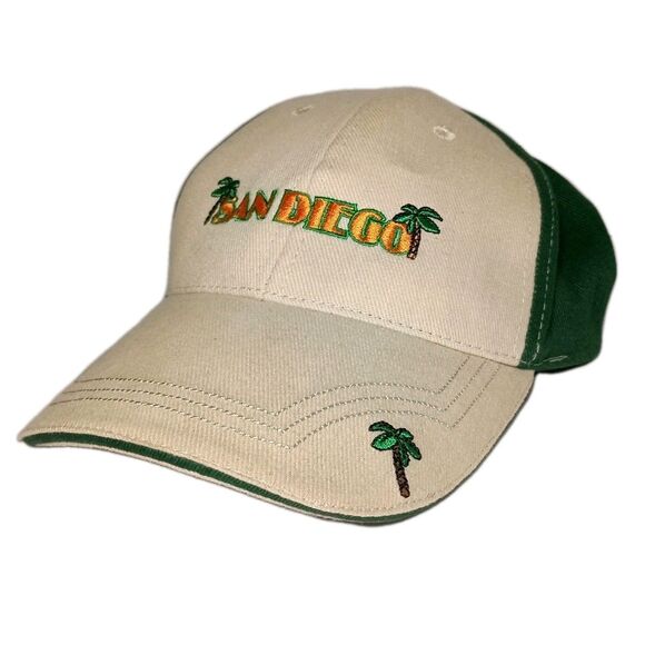 Rare San Diego Tan Adjustable Hat Beige Baseball Cap Green Palm Trees Khaki - Picture 1 of 16